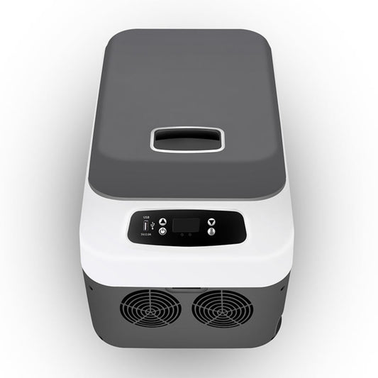 Portable refrigerator with a dark gray top and white body on a light gray background